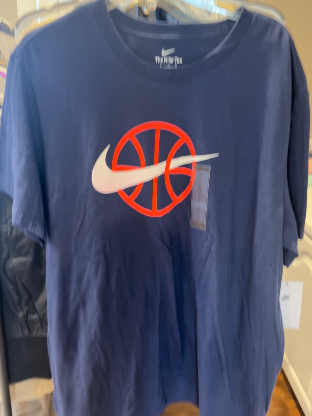 Nike Men's Navy Short Sleeve Tee with White Swoosh and Orange Basketball